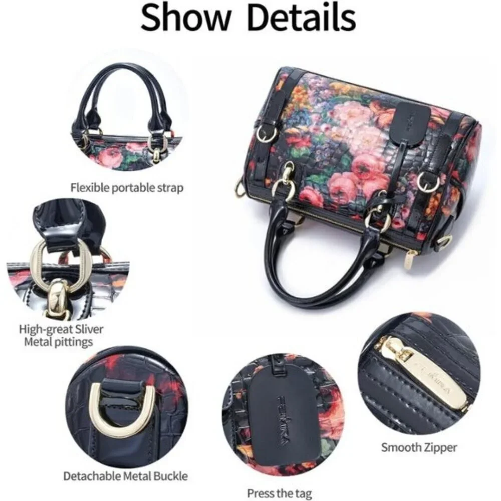 🆕Women Black Rose Genuine Leather Tote Handbag Clutch Purse Crossbody Bag - Picture 7 of 11